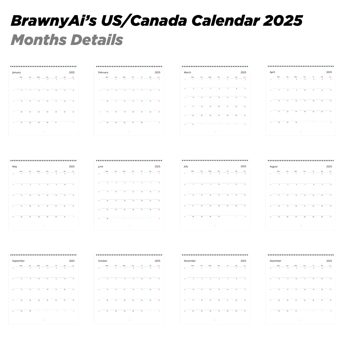 BrawnyAi 2025 Rugby Players Wall calendars (US & CA)