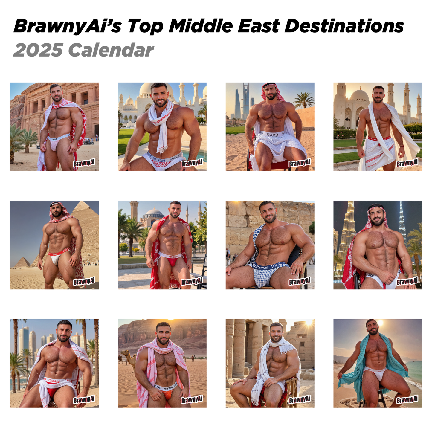 2025 BrawnyAi Calendar: A Year with Digital Hunks in the Middle East’s Top Destinations (US & CA)